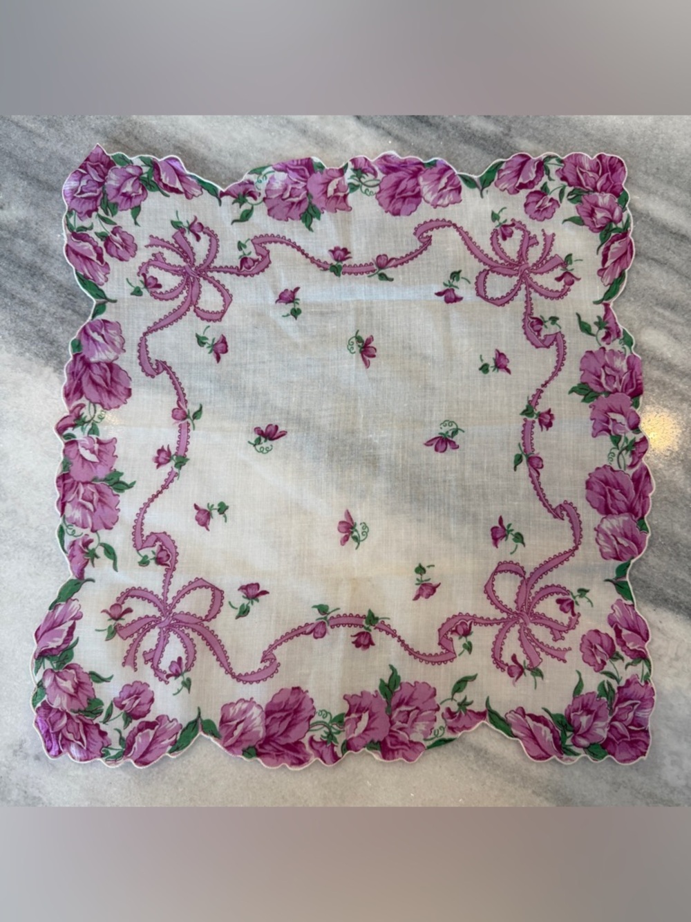 Purple Flower Ribbons Bow Hankie Handkerchief Vintage 50s 60s Cottagecore Granny